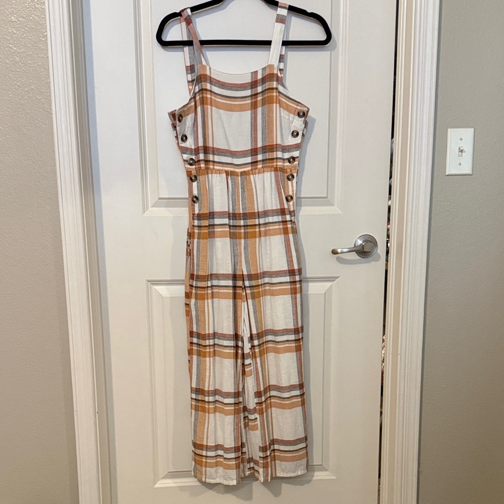 American Eagle Outfitters Cream Plaid Jumpsuit